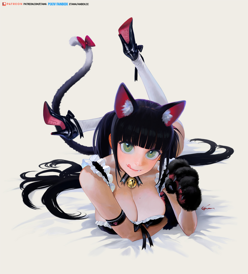 1girl animal_ear_fluff animal_ears animal_hands armband bangs bed_sheet bell black_bow black_footwear black_hair black_panties blunt_bangs bow breasts cat_ears cat_girl cat_tail closed_mouth etama_quomo eyelashes eyeshadow fang fang_out frills green_eyes high_heels long_hair looking_at_viewer makeup mole mole_on_breast neck_bell original panties paw_print pink_lips purple_eyeshadow red_bow signature solo tail tail_bow tail_ornament thigh-highs tongue tongue_out twintails underwear white_legwear