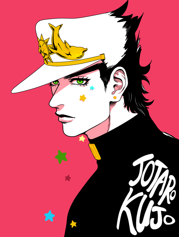 1boy black_hair diamond_wa_kudakenai dolphin earrings green_eyes hat jewelry jojo_no_kimyou_na_bouken kujo_jotaro male_focus solo star_(symbol) tariah_furlow