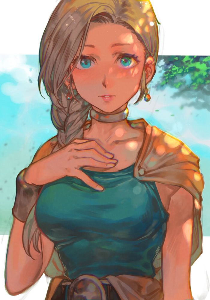 1girl bianca_(dq5) blonde_hair blue_eyes bracer braid breasts cape choker dragon_quest dragon_quest_v earrings hair_over_shoulder hand_on_own_chest hankuri jewelry long_hair looking_at_viewer outdoors single_braid solo upper_body