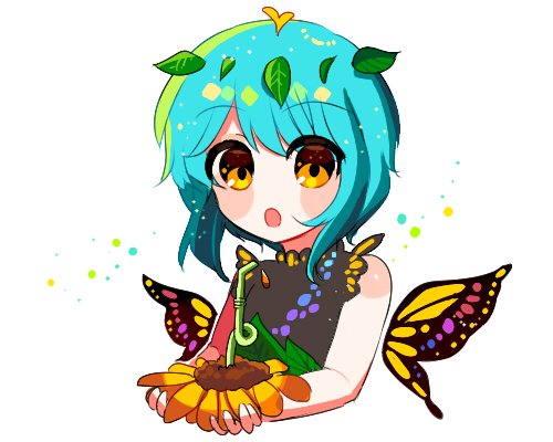 1girl antennae aqua_hair bad_id bad_twitter_id beryllium_(wintermerry) butterfly_wings detached_wings dress drinking_straw eternity_larva eyebrows_visible_through_hair fairy flower green_dress hair_between_eyes holding holding_flower leaf leaf_on_head lowres multicolored_clothes multicolored_dress open_mouth orange_eyes short_hair simple_background single_strap solo sunflower third-party_source touhou upper_body white_background wings yellow_flower