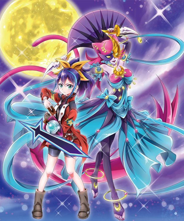 2girls animal_ears blue_hair bow card cat_ears cat_tail chomose commentary_request dagger domino_mask duel_monster full_moon gloves green_eyes hair_bow jacket jewelry knife lunalight_cat_dancer mask moon multicolored_hair multiple_girls multiple_tails ponytail revision serena_(yu-gi-oh!) serena_(yuu-gi-ou_arc-v) sword tail toeless_legwear two-tone_hair weapon yu-gi-oh! yu-gi-oh!_arc-v yuu-gi-ou yuu-gi-ou_arc-v