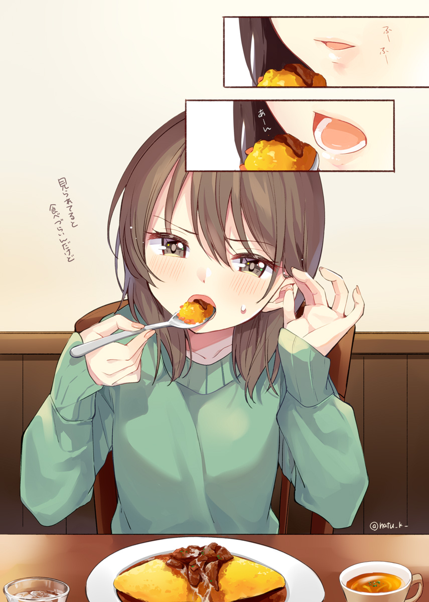 1girl bangs blush brown_eyes brown_hair commentary_request eating food fork hazuki_natsu highres holding lips long_hair long_sleeves looking_at_viewer omurice open_mouth original plate rice sitting spoon sweater table
