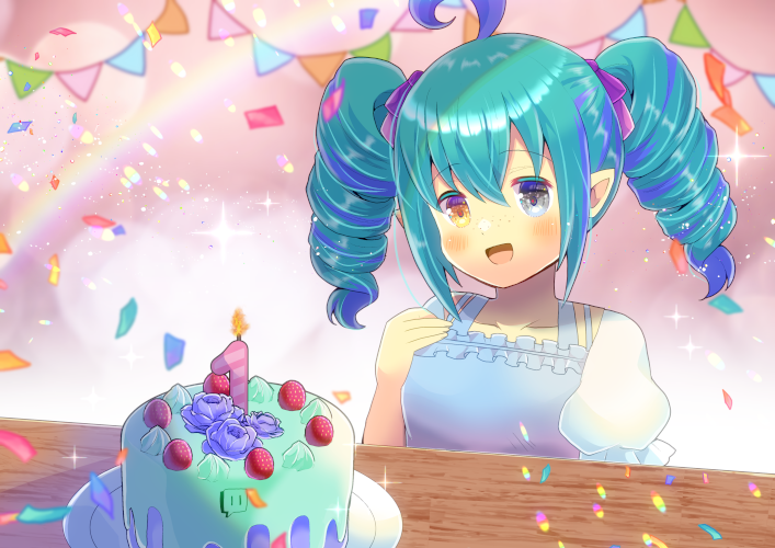 1girl :d ahoge bangs blue_hair bow braid breasts brown_eyes cake candle collarbone commission confetti copyright_request dress eyebrows_visible_through_hair fire flower food frilled_dress frills green_hair grey_eyes hair_between_eyes hair_bow hand_up heterochromia kou_hiyoyo multicolored_hair pennant plate puffy_short_sleeves puffy_sleeves purple_bow purple_flower purple_rose rose short_sleeves sidelocks skeb_commission small_breasts smile solo streaked_hair string_of_flags table twin_braids twintails twitch_logo upper_body virtual_youtuber white_dress