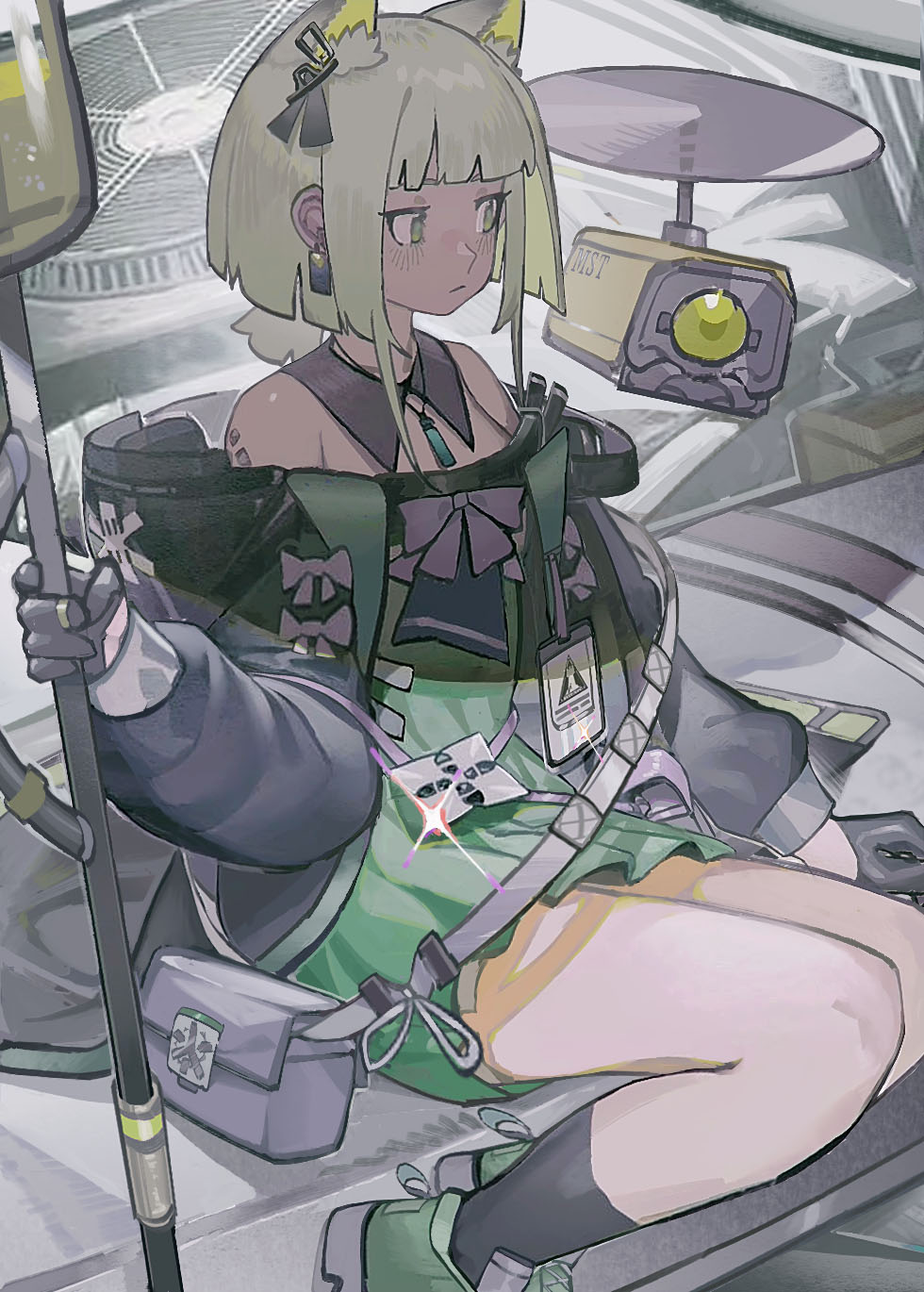 1girl animal_ear_fluff animal_ears arknights bag bare_shoulders black_gloves black_jacket black_legwear cat_ears closed_mouth commentary detached_collar dress drone earrings full_body gloves green_dress green_eyes green_footwear green_hair highres intravenous_drip jacket jewelry kal'tsit_(arknights) long_sleeves necklace noco_(pixiv14976070) off-shoulder_dress off-shoulder_jacket off_shoulder oripathy_lesion_(arknights) short_hair_with_long_locks shoulder_bag sitting socks solo