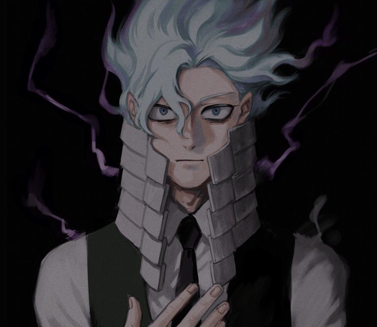 1boy alternate_color black_background boku_no_hero_academia buttons collared_shirt costume darkness expressionless facing_viewer fog grey_eyes hand_on_own_chest high_collar kurogiri_(boku_no_hero_academia) long_sleeves loud_cloud necktie osutoraria_(1ndi_g0) shirt special_moves spoilers vest white_hair white_shirt