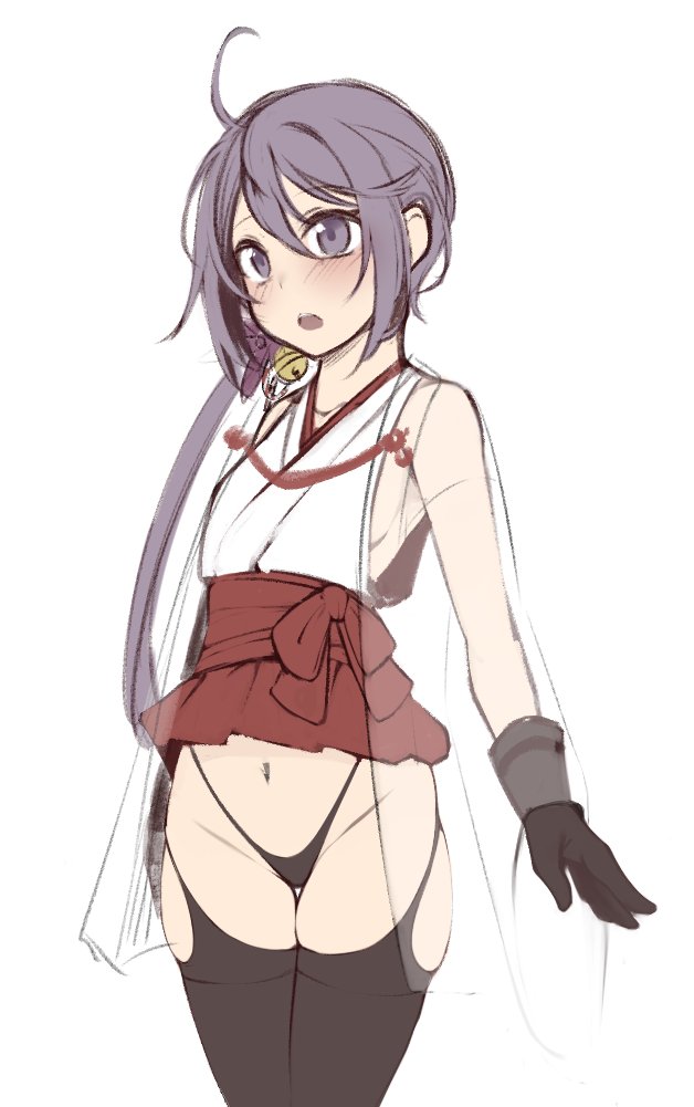 1girl ahoge akebono_(kancolle) black_legwear breasts commentary_request grey_eyes grey_hair highleg highleg_panties japanese_clothes kantai_collection long_hair nontraditional_miko panties side_ponytail sideboob simple_background solo standing thigh-highs underwear very_long_hair white_background yuki_to_hana