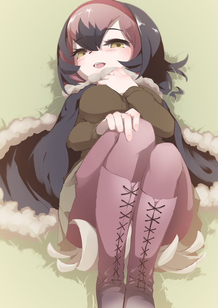 1girl 9735aoitora :d bird_tail black_hair blush boots brown_skirt brown_sweater commentary_request dodo_(kemono_friends) empty_eyes eyebrows_visible_through_hair hair_between_eyes hair_ornament hairband hand_on_own_chest hand_on_own_knee hands_on_own_knees highres kemono_friends looking_at_viewer multicolored_hair open_mouth pantyhose pink_footwear pink_hair pink_legwear poncho red_hairband short_hair skirt smile solo sweater tail two-tone_hair yellow_eyes