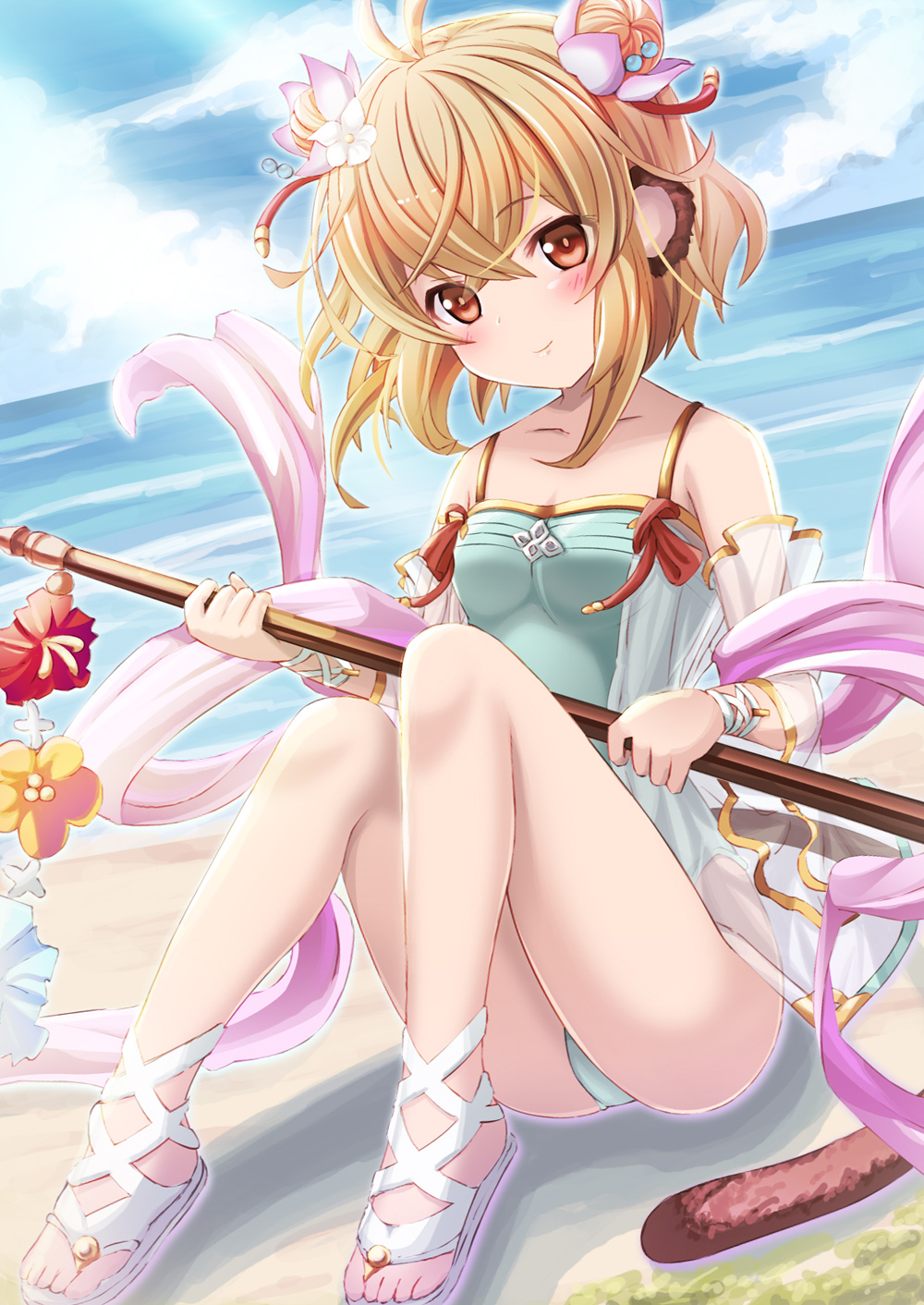 1girl andira_(granblue_fantasy) animal_ears antenna_hair bangs bare_shoulders blonde_hair blue_flower blue_sky blue_swimsuit blush breasts brown_eyes closed_mouth clouds cloudy_sky collarbone commentary_request day detached_sleeves eyebrows_visible_through_hair flower granblue_fantasy hagoromo hair_between_eyes highres holding horizon knees_up long_sleeves looking_at_viewer monkey_ears monkey_girl monkey_tail ocean outdoors red_flower sandals see-through see-through_sleeves shawl sitting sky small_breasts smile solo swimsuit tail twintails two_side_up usaginezumi water white_footwear wide_sleeves yellow_flower