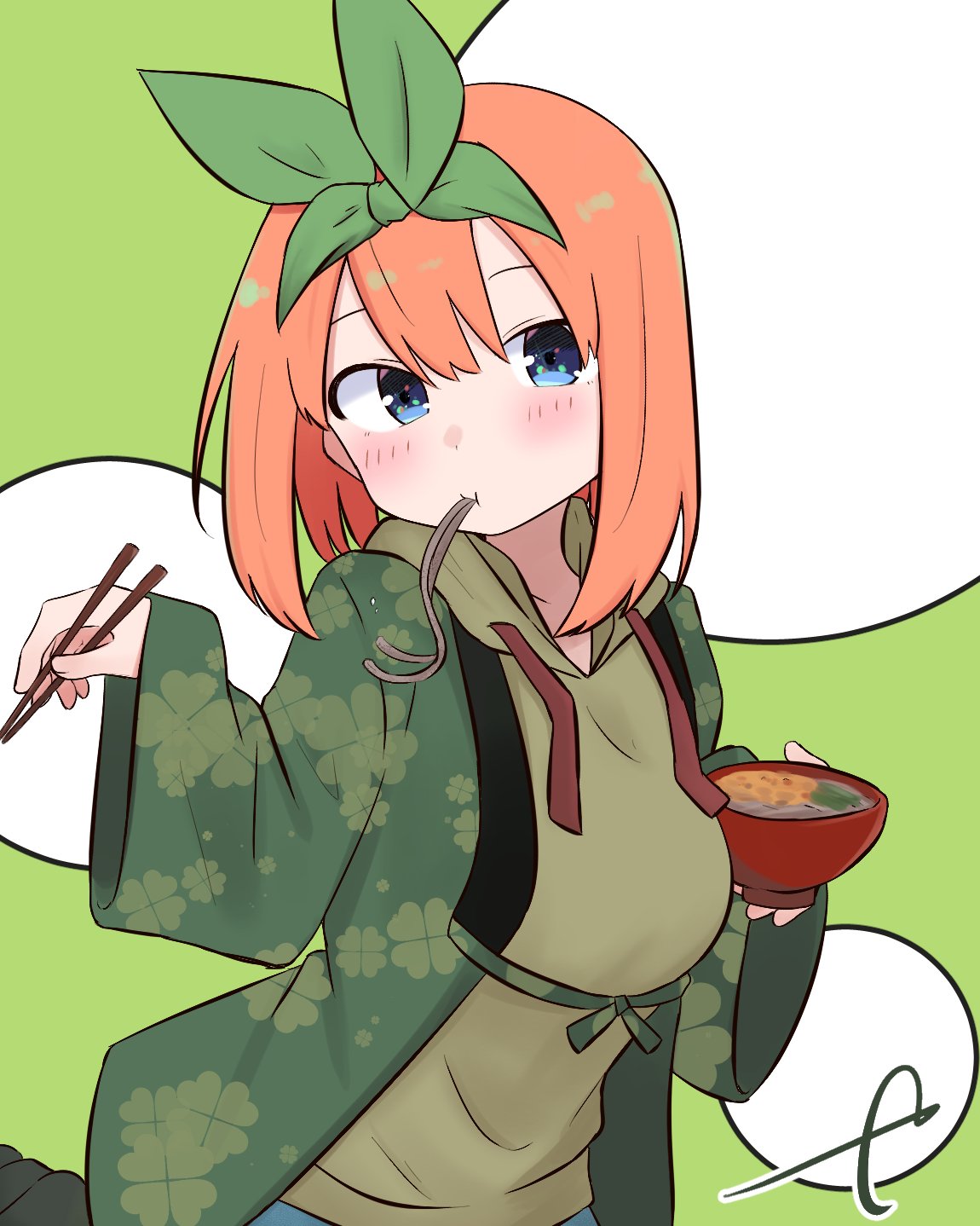 1girl :t bangs blue_eyes blush bowl breasts brown_hoodie chopsticks clover clover_print collarbone commentary_request drawstring eating eyebrows_behind_hair food food_in_mouth four-leaf_clover go-toubun_no_hanayome green_background green_ribbon hair_between_eyes hair_ribbon head_tilt highres holding holding_bowl holding_chopsticks hood hoodie kujou_karasuma long_sleeves looking_at_viewer medium_breasts nakano_yotsuba noodles open_clothes orange_hair ribbon signature sleeves_past_wrists solo unmoving_pattern wide_sleeves