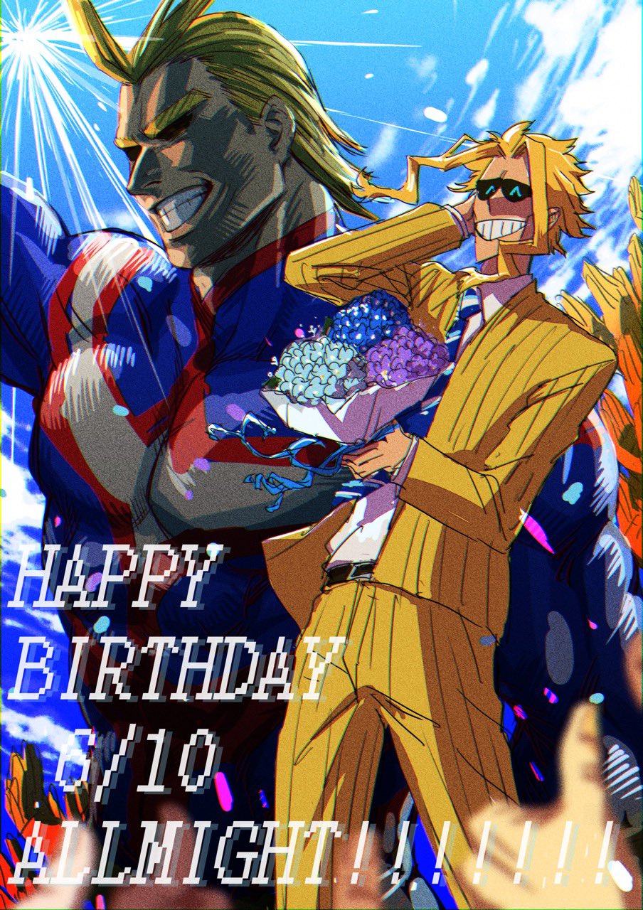 all_might alternate_form black_sclera blonde_hair blue_eyes blue_sky boku_no_hero_academia bouquet cheering colored_sclera grin happy_birthday highres light_rays male_focus mature_male muscular muscular_male necktie osutoraria_(1ndi_g0) pectorals projected_inset skin_tight skinny sky smile solo_focus striped striped_necktie sunbeam sunlight superhero thumbs_up yellow_suit