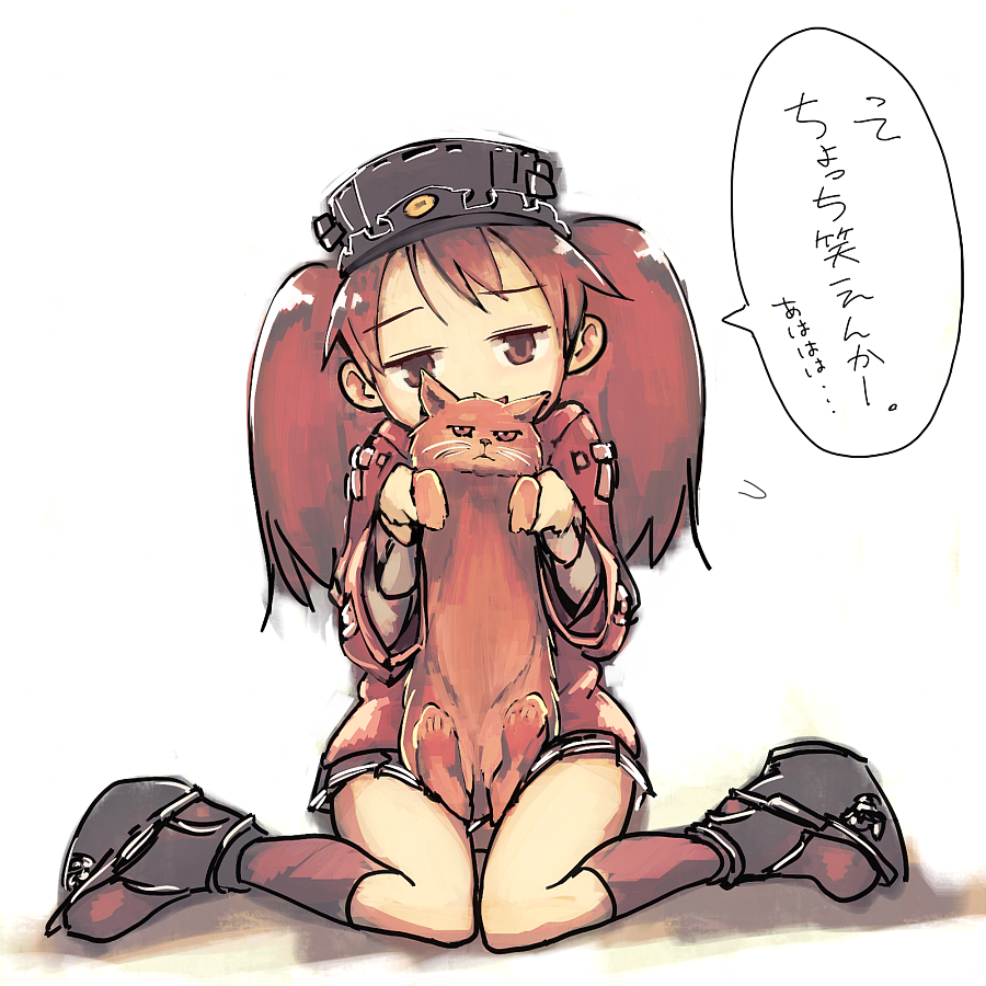 1girl animal bangs black_skirt brown_eyes brown_hair cat commentary_request flying_sweatdrops hat holding holding_animal holding_cat japanese_clothes kantai_collection kariginu kneehighs parted_lips pleated_skirt rudder_footwear ryuujou_(kancolle) simple_background sitting skirt speech_bubble translation_request visor_cap white_background yasushi