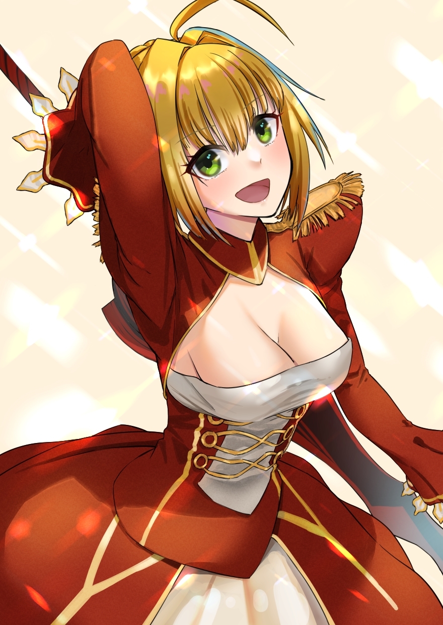 1girl aestus_estus ahoge blonde_hair braid breasts cleavage commentary_request dress epaulettes fate/extra fate/grand_order fate_(series) french_braid green_eyes hair_intakes hair_ribbon juliet_sleeves kaisou_(pixiv14113571) large_breasts long_sleeves nero_claudius_(fate) nero_claudius_(fate)_(all) open_mouth puffy_sleeves red_dress red_ribbon ribbon saber_extra see-through solo sword weapon wide_sleeves