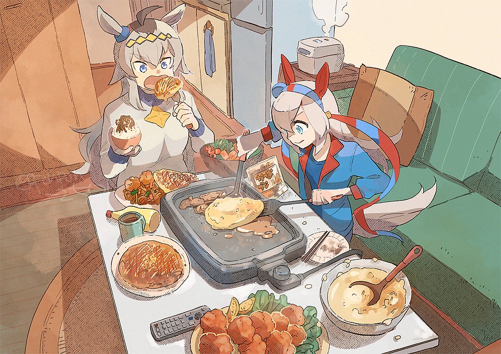 2girls ahoge animal_ears bangs blue_eyes blue_jacket blue_shirt bottle bowl closed_mouth commentary_request controller cooking couch cup eating food fork greyscale griddle hairband holding holding_bowl holding_fork holding_spatula horse_ears horse_girl horse_tail indoors jacket karaage ladle long_hair long_sleeves monochrome motoyama_torazirou multicolored_hair multiple_girls oguri_cap_(umamusume) okonomiyaki open_mouth pillow remote_control rice_cooker rug shirt sitting smile spatula steam sweater tail tamamo_cross_(umamusume) two-tone_hair umamusume watermark