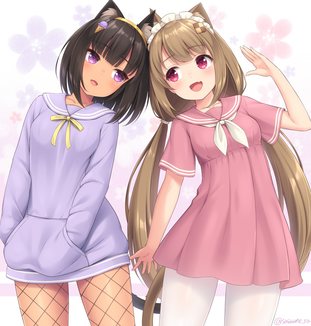 2girls :d animal_ears bangs black_hair brown_hair cat_ears cat_girl cat_tail cowboy_shot dress egyptian_cat_(sasaame) eyebrows_visible_through_hair fang fishnet_legwear fishnets floral_background food-themed_hair_ornament hair_ornament hands_in_pockets heads_together ice_cream_hair_ornament long_hair long_sleeves medium_hair multiple_girls neckerchief original pantyhose pink_dress red_eyes sasaame short_sleeves skin_fang smile tail torte_(sasaame) twintails very_long_hair violet_eyes white_legwear white_neckerchief