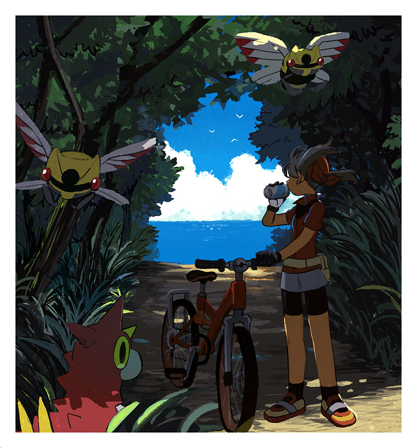 1girl bandana bicycle bike_shorts bird border can clouds commentary_request day gloves grass ground_vehicle hand_up holding holding_can may_(pokemon) ninjask outdoors pokemon pokemon_(creature) pokemon_(game) pokemon_rse popcorn_91 red_shirt shadow shirt shoes short_hair short_sleeves skirt sky socks tree white_border wurmple