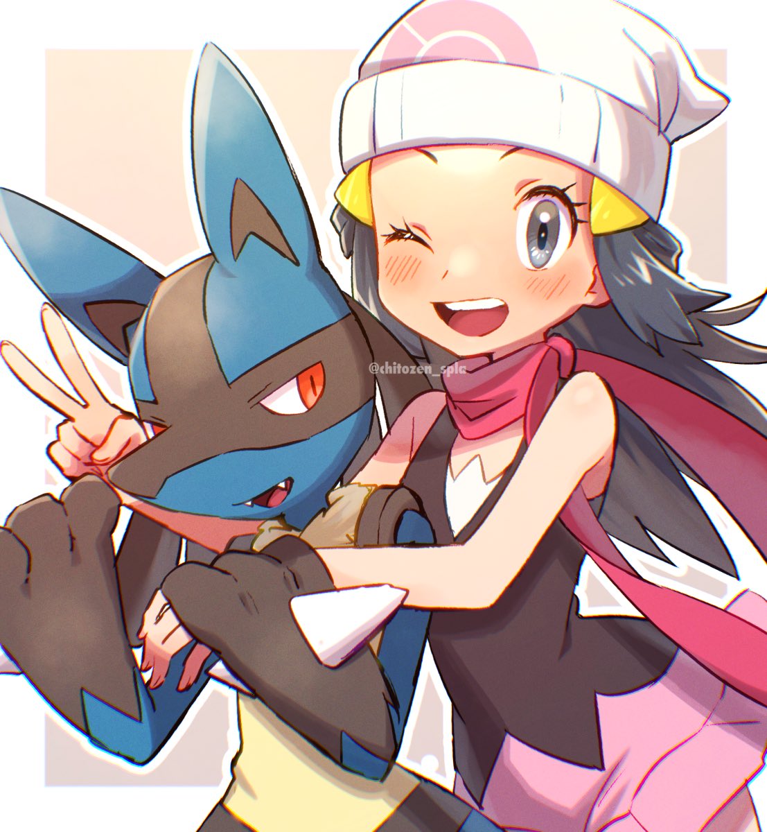 1girl ;d beanie blush chitozen_(pri_zen) commentary_request eyelashes grey_eyes hat highres hikari_(pokemon) looking_at_viewer lucario one_eye_closed open_mouth pink_skirt pokemon pokemon_(creature) pokemon_(game) pokemon_dppt scarf shirt skirt sleeveless sleeveless_shirt smile teeth tongue twitter_username upper_teeth watermark white_headwear