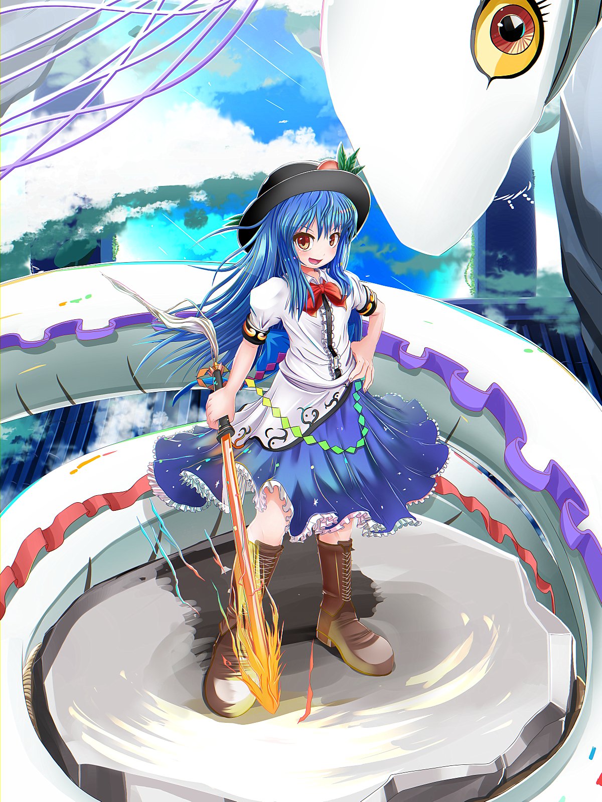 1girl bangs black_headwear blouse blue_hair blue_skirt boots bow bowtie brown_footwear center_frills clouds cross-laced_footwear food frilled_skirt frills fruit hat high_heel_boots high_heels highres hinanawi_tenshi holding holding_sword holding_weapon keystone leaf long_hair looking_at_viewer nagae_iku_(fish) oarfish onbashira outdoors peach rainbow_order red_bow red_bowtie red_eyes ryo_(ryopics) short_sleeves skirt standing sword sword_of_hisou touhou weapon white_blouse