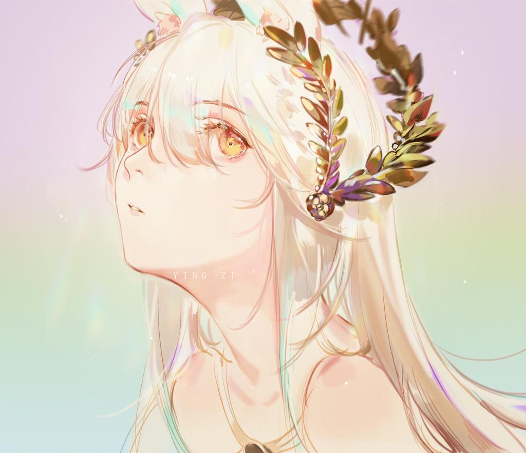 1girl animal_ear_fluff animal_ears arknights bangs bare_shoulders blonde_hair eyebrows_visible_through_hair gradient gradient_background hair_between_eyes horse_ears laurel_crown long_hair looking_at_viewer multicolored_background official_alternate_costume parted_lips platinum_(arknights) platinum_(shimmering_dew)_(arknights) portrait solo yellow_eyes yingzi