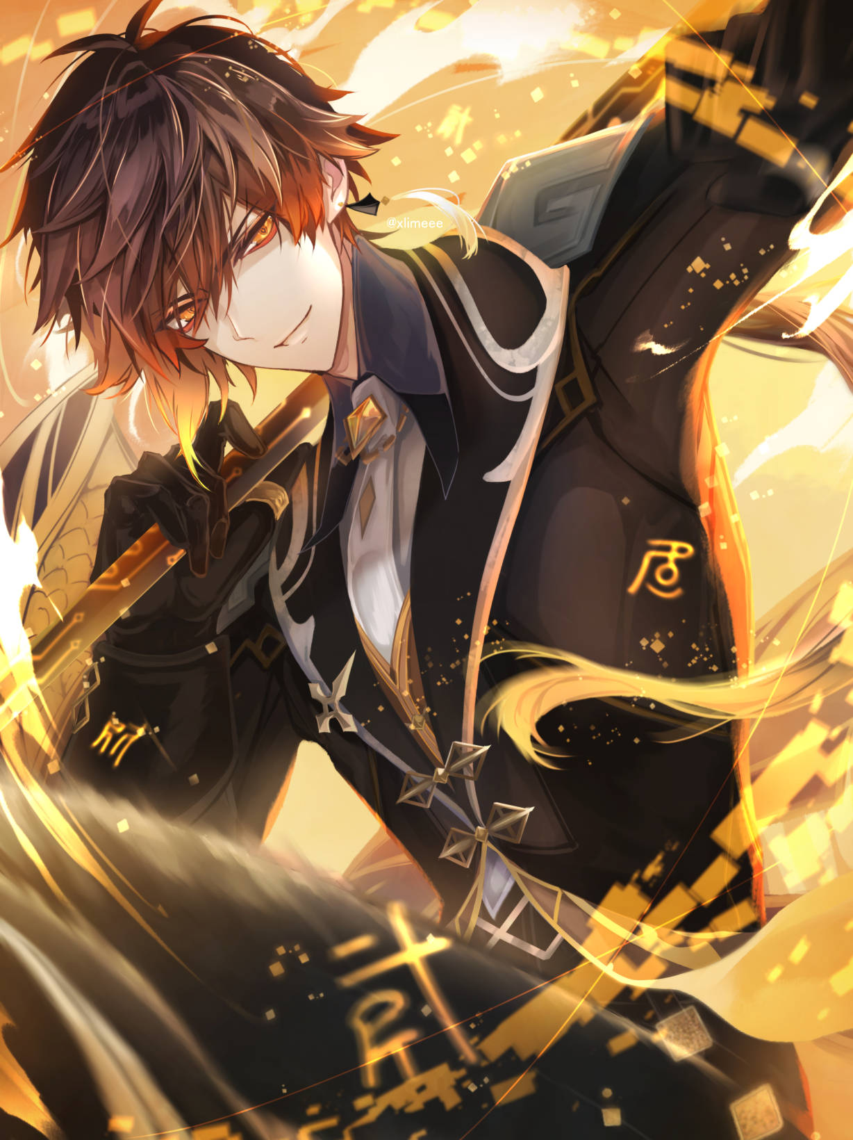 1boy bangs black_gloves brown_hair closed_mouth collared_shirt commentary_request earrings eyebrows_visible_through_hair eyeliner formal genshin_impact gloves gradient_hair hair_between_eyes highres holding holding_polearm holding_weapon jacket jewelry light_particles long_hair long_sleeves looking_at_viewer makeup male_focus multicolored_hair necktie orange_hair polearm ponytail shirt single_earring smile solo suit tassel tassel_earrings thumb_ring weapon white_necktie xlimeee yellow_eyes zhongli_(genshin_impact)