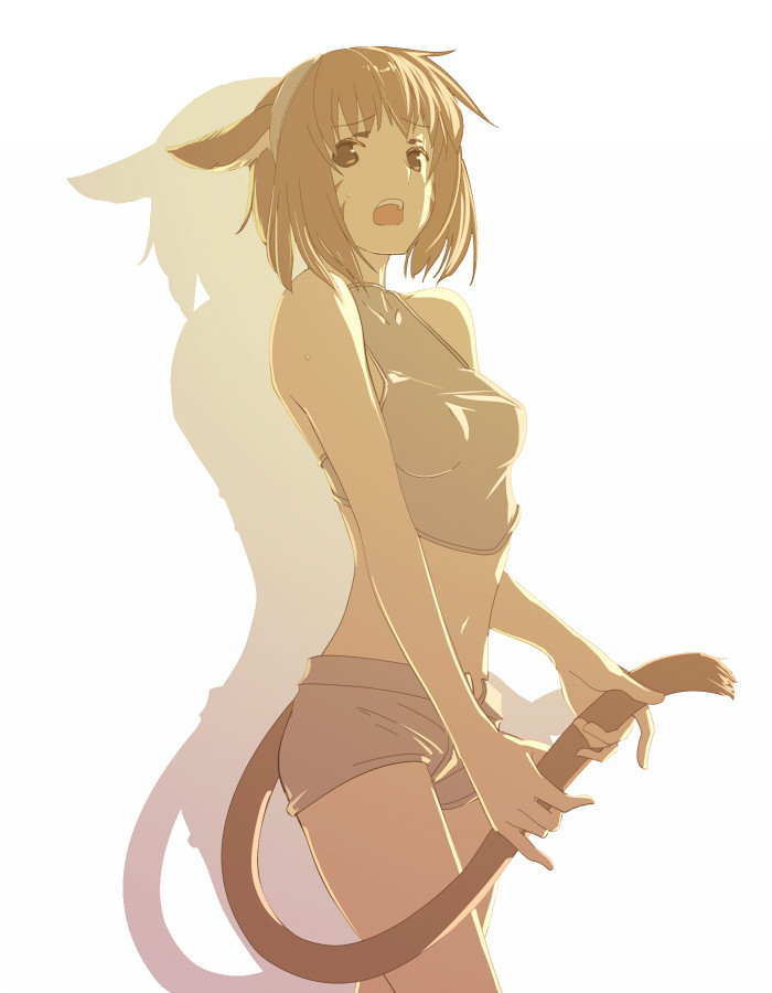 1girl animal_ears bad_id bad_pixiv_id bangs bare_shoulders breasts cat_ears cat_girl cat_tail cowboy_shot d: eyebrows_visible_through_hair facial_mark final_fantasy final_fantasy_xiv frown hairband harusame_(rueken) light_brown_eyes light_brown_hair looking_at_viewer looking_to_the_side midriff miqo'te open_clothes open_mouth open_shorts shadow short_hair shorts simple_background sleeveless small_breasts solo standing sweatdrop tail tail_grab teeth upper_teeth white_background white_hairband