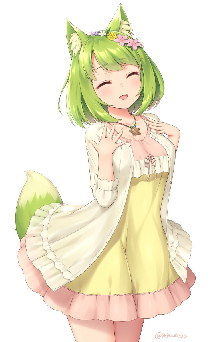 1girl animal_ear_fluff animal_ears bangs closed_eyes cowboy_shot dress eyebrows_visible_through_hair fox_ears fox_tail green_fox_(sasaame) green_hair green_tail highres jewelry necklace original sasaame short_dress short_hair smile solo star_(symbol) star_necklace tail twitter_username white_background yellow_dress