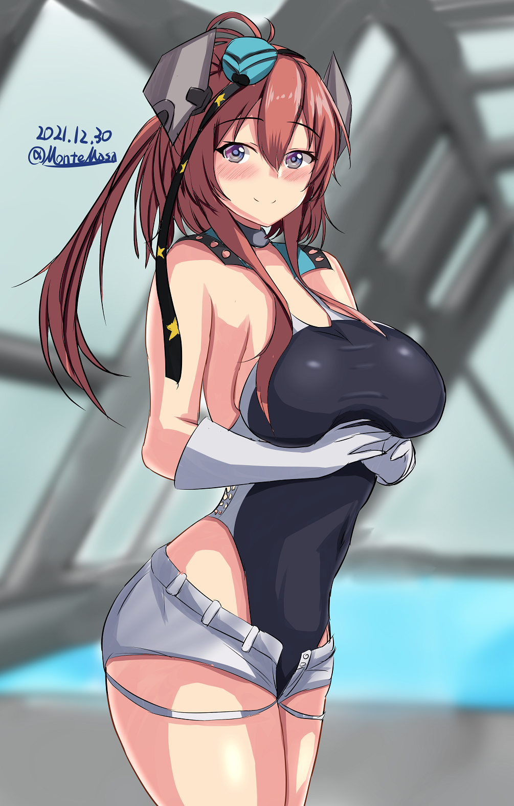 1girl aqua_headwear black_swimsuit blue_eyes blush breasts brown_hair closed_mouth competition_swimsuit cosplay cowboy_shot dated eyebrows_visible_through_hair garrison_cap gloves hair_between_eyes hat highleg highleg_swimsuit highres kantai_collection large_breasts long_hair looking_at_viewer montemasa one-piece_swimsuit pool saratoga_(kancolle) scamp_(kancolle) scamp_(kancolle)_(cosplay) short_shorts shorts side_ponytail smile solo swimsuit twitter_username white_gloves white_shorts