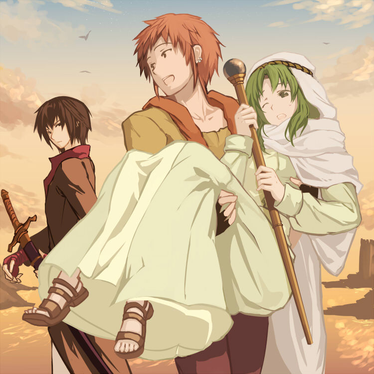 1girl 2boys :d bad_id bad_pixiv_id bangs bird black_gloves black_hair blue_sky brown_coat carrying cleric cloak closed_mouth clouds coat collarbone desert dress ear_piercing expressionless eyebrows_behind_hair fingerless_gloves fire_emblem fire_emblem:_thracia_776 frown full_body gloves green_eyes green_hair harusame_(rueken) holding holding_person holding_staff holding_sword holding_weapon hood hooded_cloak jpeg_artifacts lifis long_coat long_sleeves looking_at_another looking_back medium_hair multiple_boys one_eye_closed open_mouth orange_hair outdoors pants piercing princess_carry purple_pants red_gloves safi_(fire_emblem) sandals scabbard sheath sheathed shiva_(fire_emblem) short_hair sky smile staff standing sweatdrop sword teeth upper_teeth weapon white_cloak