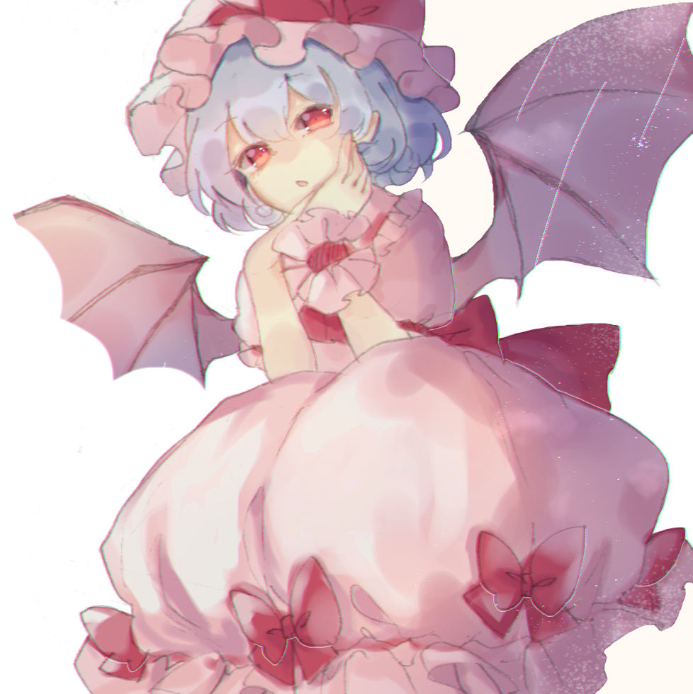 1girl back_bow bangs bat_wings blue_hair bow dress dress_bow eyebrows_visible_through_hair frilled_shirt_collar frilled_sleeves frills hand_on_own_face hat hat_ribbon looking_at_viewer mob_cap pink_dress puffy_short_sleeves puffy_sleeves red_bow red_eyes red_ribbon remilia_scarlet ribbon short_hair short_sleeves simple_background solo sorani_(kaeru0768) touhou white_background wings wrist_cuffs