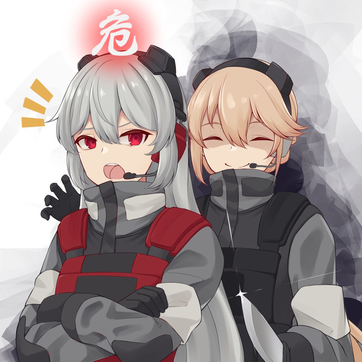 2girls act_(xadachit) aura bangs behind_another black_gloves blonde_hair charolic_(girls'_frontline_2) closed_mouth crossed_arms dark_aura english_commentary evil_smile girls'_frontline_2:_exilium girls_frontline gloves grey_hair hair_between_eyes headset highres holding holding_knife knife long_hair long_sleeves looking_to_the_side military military_uniform multiple_girls open_mouth ots-14_(girls'_frontline) red_eyes smile teeth translated uniform upper_body upper_teeth