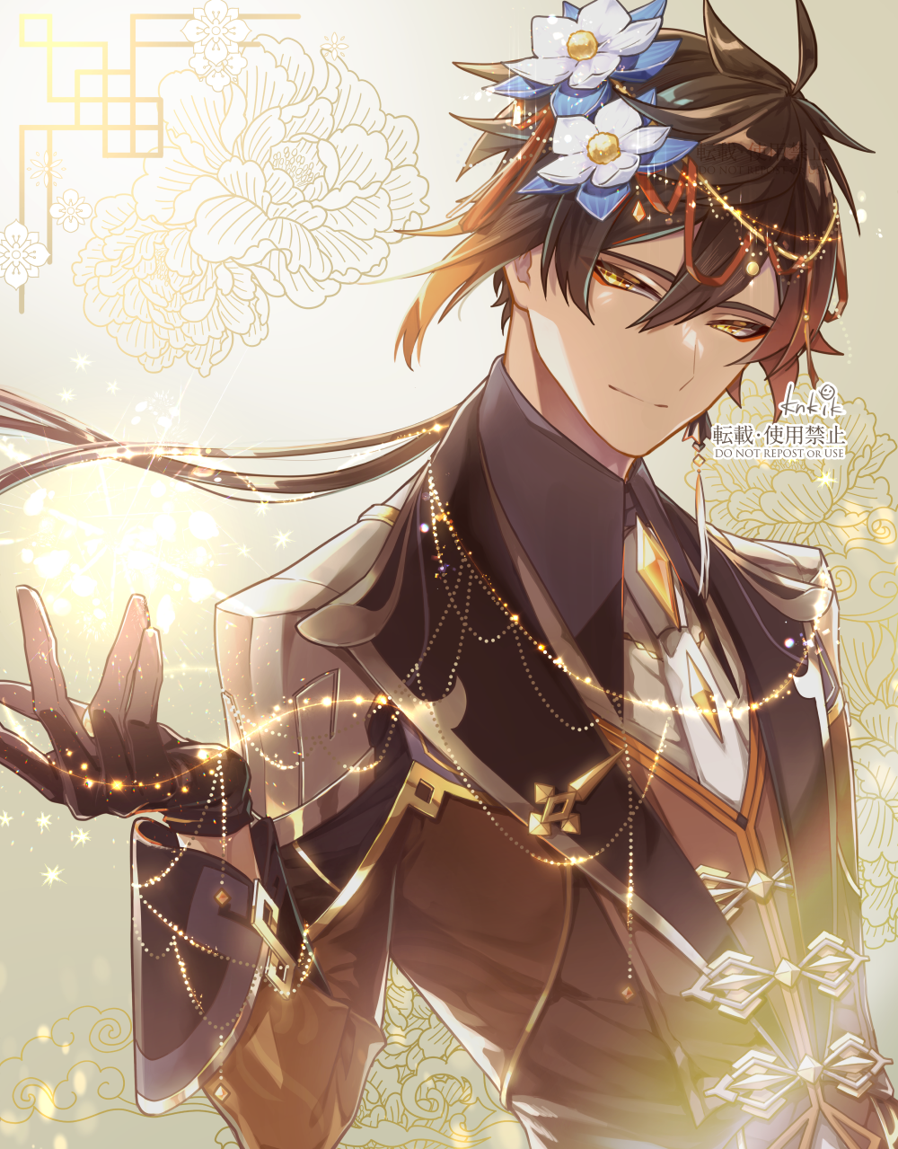 1boy bangs black_gloves brown_hair closed_mouth collared_shirt commentary_request earrings eyeliner floral_background flower flower_ming_yu formal genshin_impact glaze_lily gloves gradient_hair hair_between_eyes hair_flower hair_ornament highres jacket jewelry light_particles long_hair long_sleeves looking_at_viewer makeup male_focus multicolored_hair necktie orange_hair ponytail shirt single_earring smile solo sparkle suit tassel tassel_earrings thumb_ring white_flower white_necktie yellow_eyes zhongli_(genshin_impact)