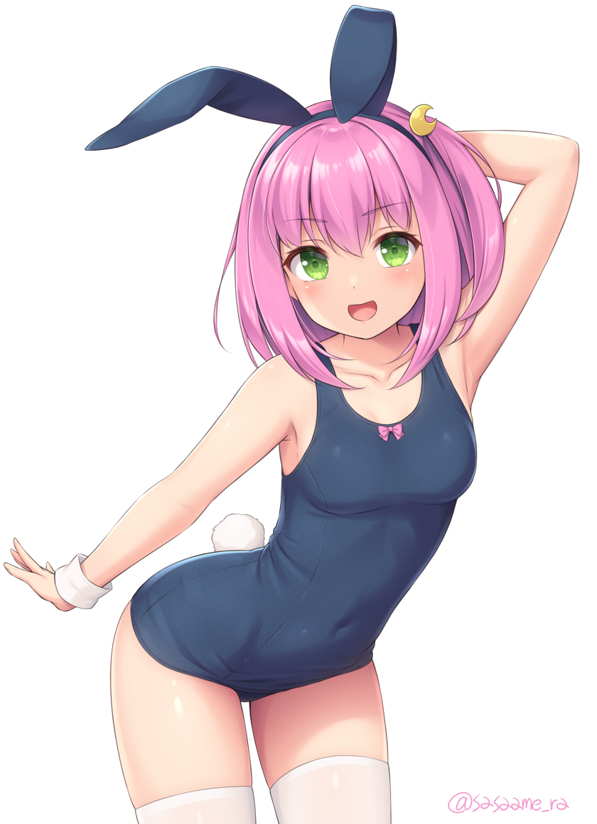 1girl :d animal_ears armpits blue_swimsuit blush bow bow_swimsuit breasts covered_navel cowboy_shot crescent crescent_hair_ornament fake_animal_ears green_eyes hair_ornament hand_up leaning_forward looking_at_viewer medium_hair nontraditional_playboy_bunny one-piece_swimsuit original pink_bow pink_hair rabbit_ears rabbit_tail sasaame simple_background small_breasts smile solo standing swimsuit tail thigh-highs twitter_username white_background white_legwear wristband