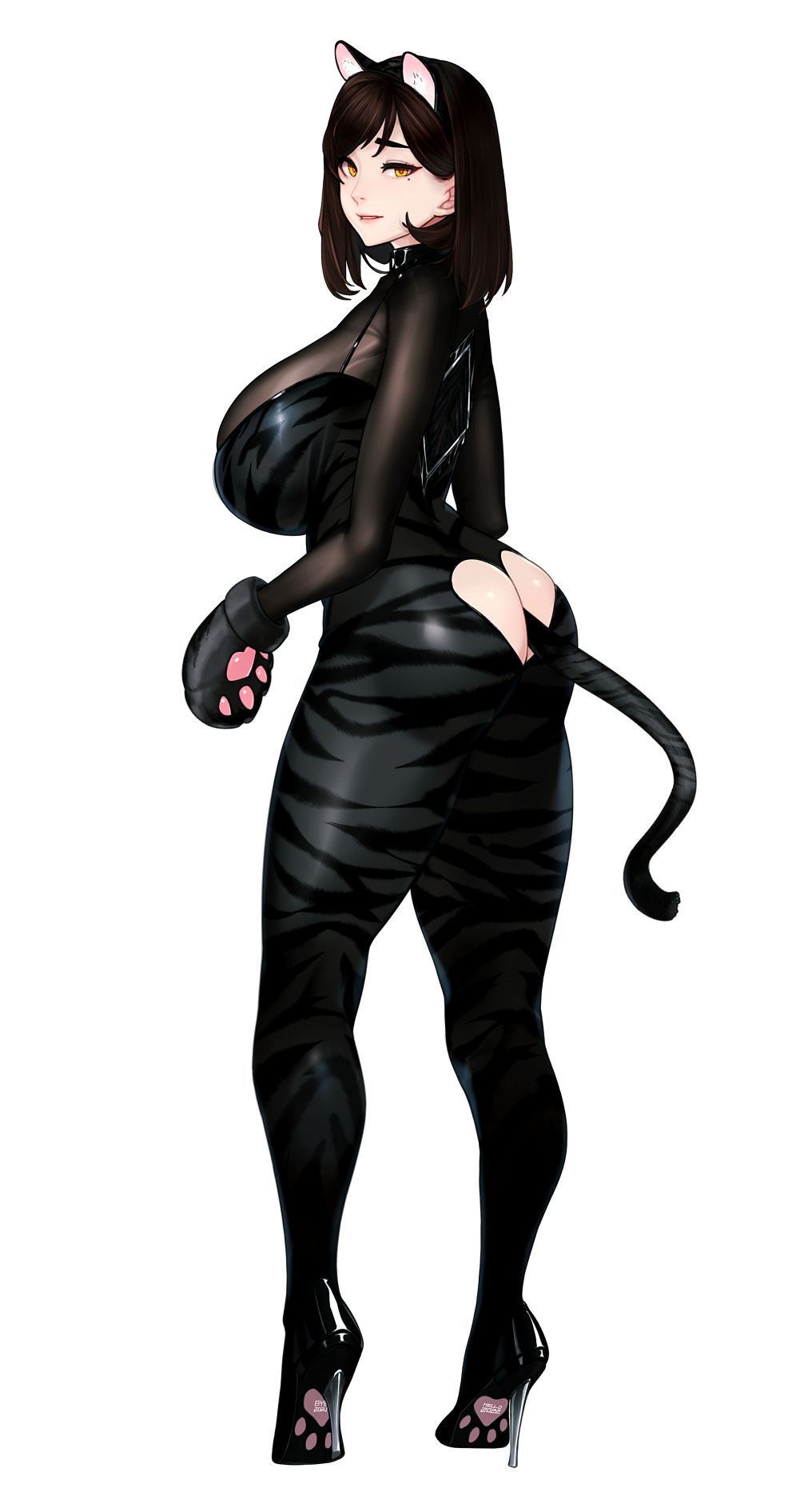 1girl 2022 animal_ears animal_hands ass black_hair bodysuit breasts cat_ears cat_girl cat_paws cat_tail clothing_cutout commission english_commentary from_side full_body gloves heart_cutout high_heels highres huge_breasts legs looking_at_viewer looking_back medium_hair mole mole_under_eye original parted_lips paw_gloves see-through skin_tight solo standing tail tail_cutout thighs transparent_background yellow_eyes zcune