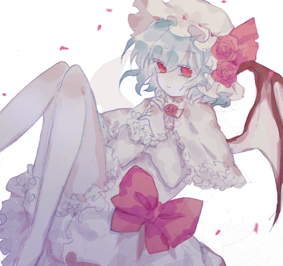 1girl bangs bat_wings blue_hair bow dress dress_bow expressionless eyebrows_visible_through_hair flower hat hat_flower hat_ribbon long_sleeves looking_at_viewer medium_hair mob_cap own_hands_together pantyhose petals red_bow red_eyes red_flower red_ribbon red_rose remilia_scarlet ribbon rose rose_petals simple_background solo sorani_(kaeru0768) touhou white_background white_dress white_legwear wings wrist_cuffs