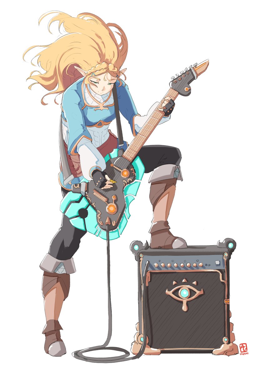 1girl automatic_giraffe blonde_hair electric_guitar fingerless_gloves gloves guitar instrument long_hair plectrum pointy_ears princess_zelda simple_background skirt solo subwoofer the_legend_of_zelda the_legend_of_zelda:_breath_of_the_wild white_background