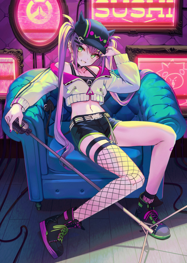 1girl bangs baseball_cap chair couch crop_top cropped_jacket demon_tail earrings easy_chair elbow_rest fishnet_legwear fishnets full_body green_eyes green_nails grin hair_ornament hairclip hat hat_with_ears holding holding_microphone_stand hololive jewelry kagawa_ichigo legs long_hair looking_at_viewer microphone microphone_stand multicolored_hair multicolored_nails navel navel_piercing picture_frame piercing pink_hair pink_nails purple_hair shoelaces shoes single_thighhigh smile sneakers solo tail tank_top teeth thigh-highs thigh_strap thighs tokoyami_towa twintails two-tone_hair virtual_youtuber wooden_floor