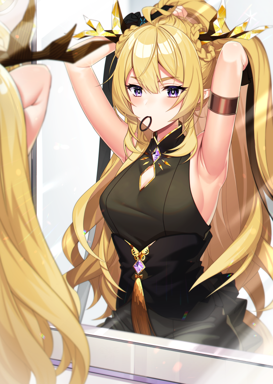 1girl arknights armband armpits arms_behind_head arms_up bare_shoulders black_dress black_gloves blonde_hair braid breasts bunching_hair cleavage_cutout clothing_cutout dragon_horns dress fingerless_gloves gloves gold_trim hair_tie_in_mouth highres horns kinsenka_momi leizi_(arknights) long_hair looking_at_viewer medium_breasts mirror mouth_hold pointy_ears ponytail reflection sidelocks sleeveless sleeveless_dress solo tassel violet_eyes