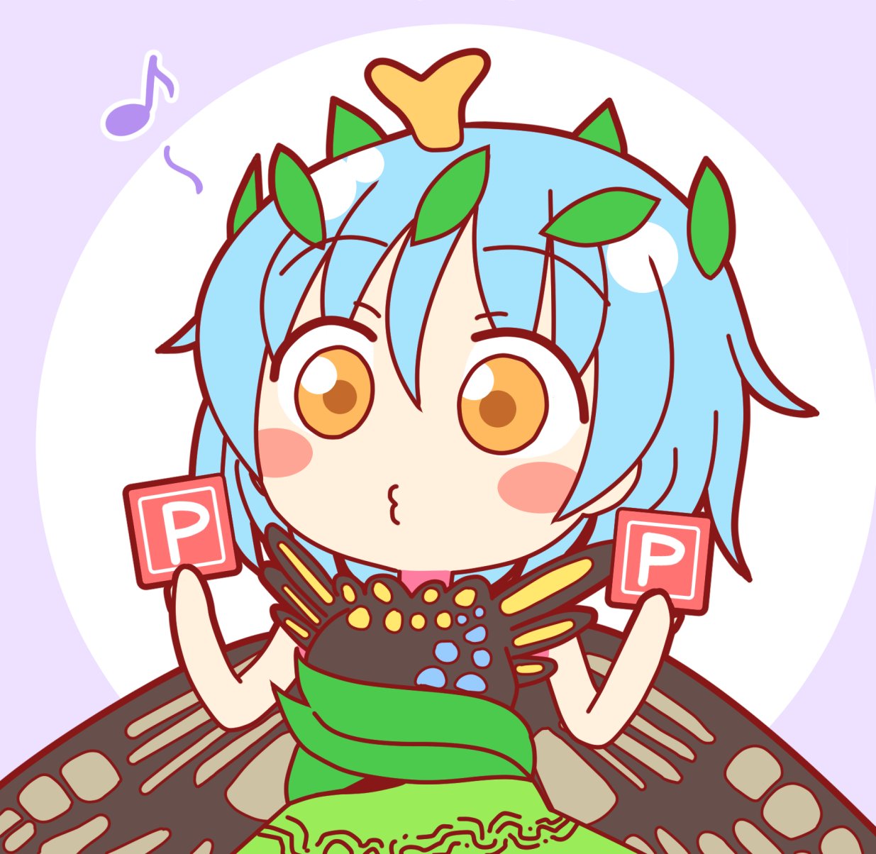 1girl antennae aqua_hair blush_stickers butterfly_wings dress eighth_note eternity_larva eyebrows_visible_through_hair fairy green_dress hair_between_eyes highres holding leaf leaf_on_head multicolored_clothes multicolored_dress musical_note orange_eyes power_item_(touhou) rokugou_daisuke short_hair short_sleeves single_strap solo third-party_source touhou upper_body wings