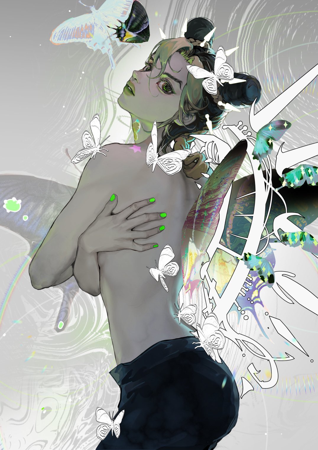 1girl back bug butterfly butterfly_wings covering covering_breasts cowboy_shot double_bun green_eyes green_hair green_lips green_nails highres jojo_no_kimyou_na_bouken kujo_jolyne limited_palette lips looking_back no_bra pamafff parted_lips solo stone_ocean symbol-only_commentary topless wings