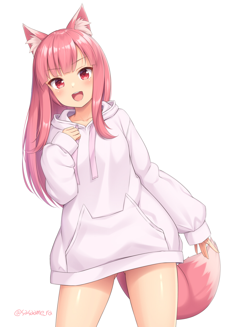 :d animal_ear_fluff animal_ears ass_visible_through_thighs bangs bottomless cowboy_shot eyebrows_visible_through_hair fox_ears fox_tail highres hood hood_down hoodie long_hair long_sleeves looking_at_viewer open_mouth original pink_fox_(sasaame) pink_hair pink_tail red_eyes sasaame simple_background smile tail twitter_username white_background