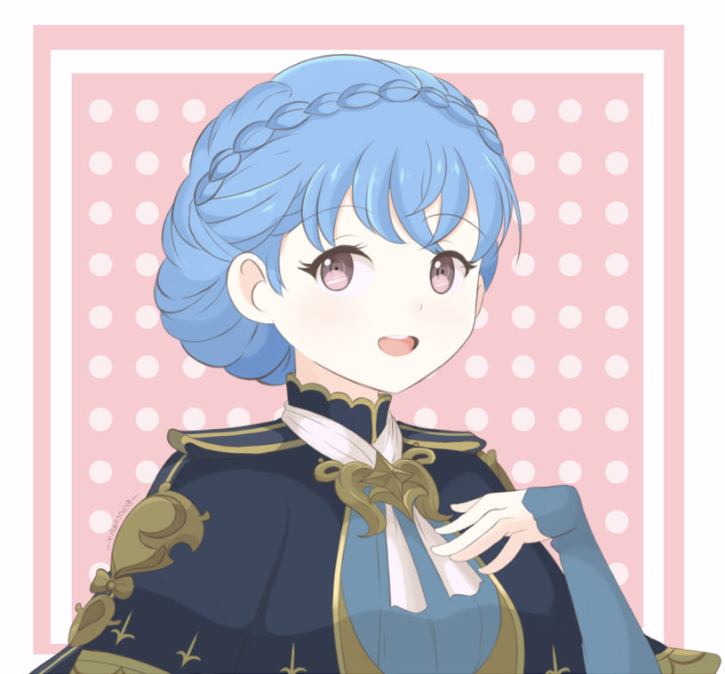 1girl blue_hair brown_eyes chocomiru fire_emblem fire_emblem:_three_houses hand_on_own_chest marianne_von_edmund open_mouth short_hair smile solo