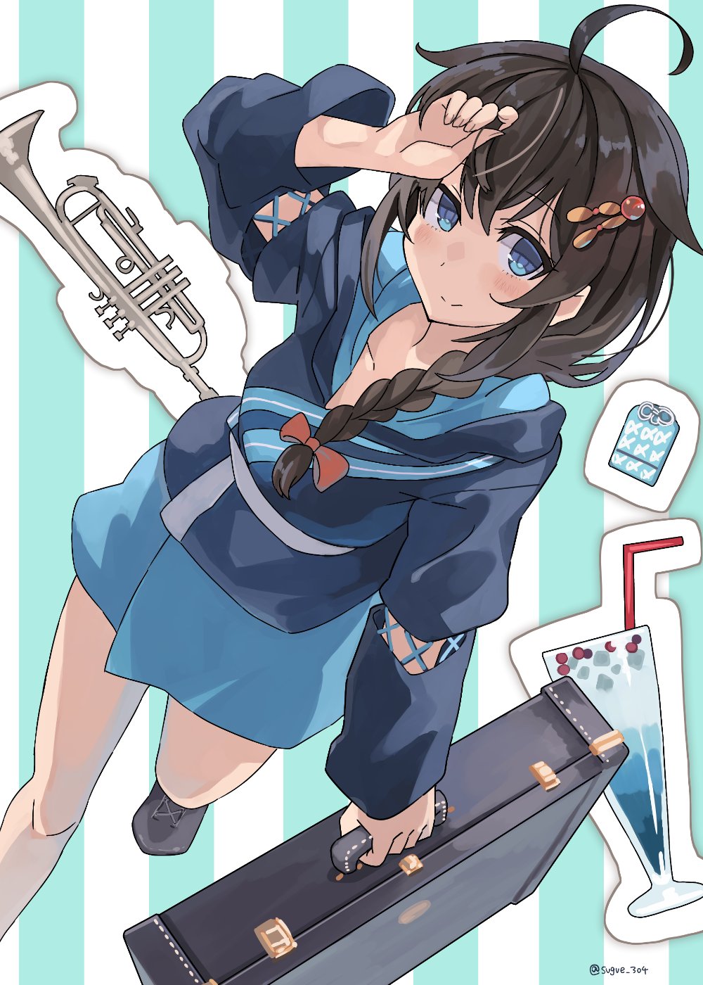 1girl ahoge alternate_costume blue_eyes blue_skirt blush braid brown_hair closed_mouth collarbone cup drink drinking_glass drinking_straw eyebrows_visible_through_hair grey_footwear hair_between_eyes hair_flaps highres holding instrument kantai_collection long_hair long_sleeves remodel_(kantai_collection) shigure_(kancolle) single_braid skirt smile solo striped striped_background sugue_tettou trumpet twitter_username vertical_stripes