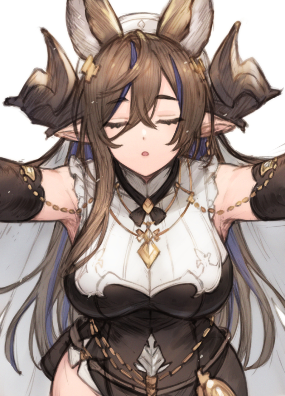 1girl animal_ears bangs bare_shoulders black_dress black_legwear blush breasts brown_hair closed_eyes detached_sleeves dress extra_ears galleon_(granblue_fantasy) granblue_fantasy highres horns koretsuki_azuma large_breasts long_hair long_sleeves open_mouth pointy_ears revision solo thigh-highs very_long_hair