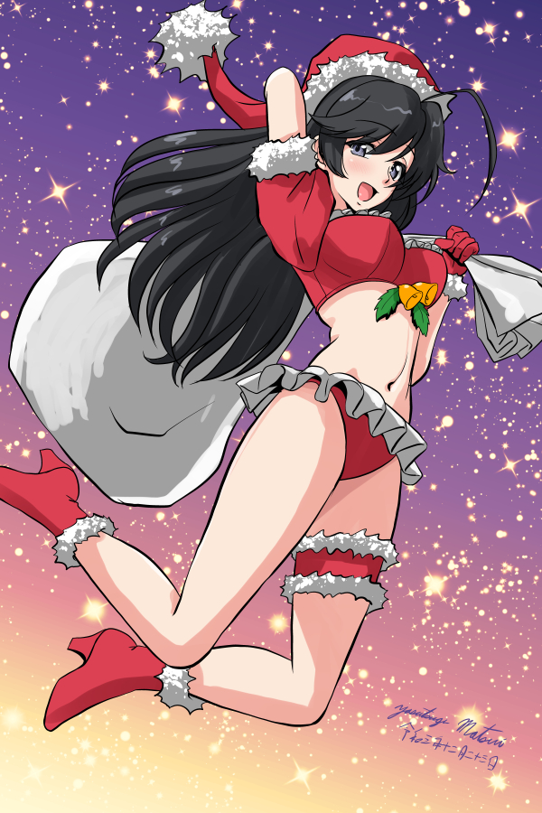 1girl ahoge arm_behind_head arm_up artist_name bangs bell bikini black_eyes black_hair boots breasts christmas commentary cropped_jacket floating frilled_bikini frills fur-trimmed_jacket fur_trim girls_und_panzer gradient_sky hat high_heel_boots high_heels holding holding_sack holly isuzu_hana jacket legs_up long_hair looking_at_viewer matsui_yasutsugu medium_breasts navel open_mouth over_shoulder red_bikini red_footwear red_headwear red_jacket sack santa_bikini santa_boots santa_hat short_sleeves signature sky smile solo star_(sky) starry_sky swimsuit thigh_strap
