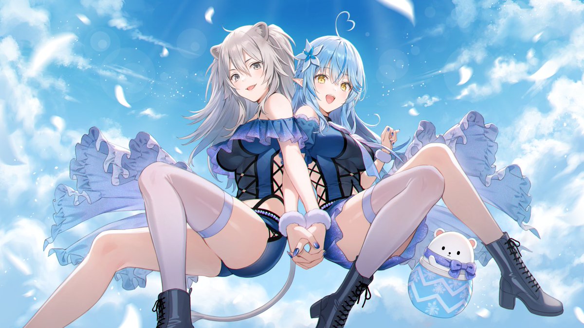 2girls ahoge alternate_costume animal_ears bangs bare_shoulders black_legwear blue_hair blue_nails blue_shorts blue_skirt blue_sky boots breasts commentary_request cross-laced_clothes cross-laced_footwear cross-laced_top daifuku_(yukihana_lamy) elf fingernails flower grey_eyes grey_hair hair_flower hair_ornament heart_ahoge high_heel_boots high_heels holding_hands hololive interlocked_fingers lace-up_boots lion_(macross_frontier) lion_ears lion_girl lion_tail long_fingernails medium_breasts multiple_girls nail_polish official_art open_mouth pointy_ears shishiro_botan shorts sideless_outfit silver_hair single_thighhigh skirt sky tail thigh-highs tokki virtual_youtuber white_legwear yellow_eyes yukihana_lamy