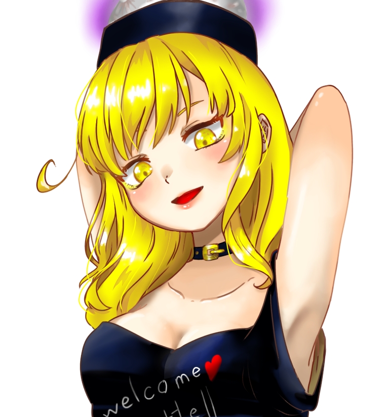 1girl armpits arms_behind_back arms_up bangs bare_shoulders black_choker black_headwear black_shirt blonde_hair blush breasts choker clothes_writing collarbone eyebrows_visible_through_hair hair_between_eyes hands_up heart heart_print hecatia_lapislazuli hecatia_lapislazuli_(moon) looking_down medium_breasts medium_hair moon_(ornament) open_mouth polos_crown red_heart shirt simple_background sleeveless sleeveless_shirt smile solo t-shirt touhou upper_body user_crva8324 white_background yellow_eyes