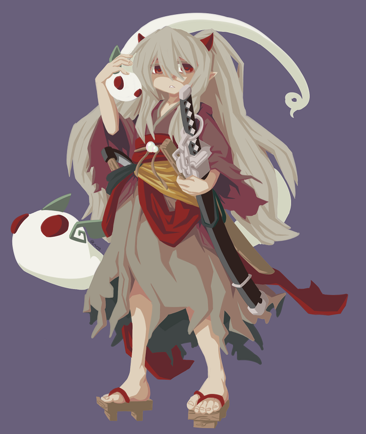 1girl bangs brown_kimono cel_shading commentary duel_monster english_commentary full_body geta ghost_ogre_&amp;_snow_rabbit grey_hair grunt_(tnurg) hair_between_eyes horns japanese_clothes katana kimono long_hair looking_at_viewer obi parted_lips pointy_ears purple_background red_eyes red_sash sash shaded_face sheath sheathed simple_background solo sword twintails weapon yu-gi-oh!