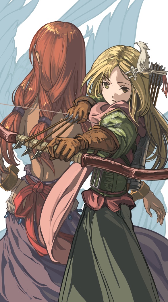 2girls aiming arrow_(projectile) back-to-back bad_id bad_pixiv_id bangs belt blonde_hair bow_(weapon) brown_gloves cuffs drawing_bow facing_away feet_out_of_frame fighting_stance floral_print gloves green_eyes gypsy hair_ornament hair_scrunchie hairpin harusame_(rueken) holding holding_bow_(weapon) holding_weapon jewelry long_hair long_sleeves looking_at_viewer low_twintails multiple_girls outstretched_arm parted_bangs parted_lips pink_scarf purple_skirt quiver redhead scarf scrunchie serious shackles shauna_(soul_cradle) shiny shiny_hair siblings simple_background sisters skirt soul_cradle standing tied_hair tricia_(soul_cradle) twintails weapon white_background