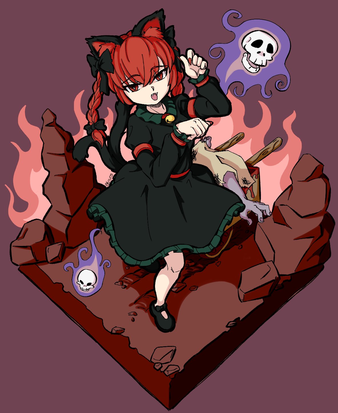 1girl animal_ears bangs black_bow black_footwear blood bow braid cart cat_ears cat_tail commentary dress english_commentary eyebrows_visible_through_hair fire floating_skull footwear_bow frilled_dress frilled_sleeves frills full_body green_dress grunt_(tnurg) hair_between_eyes hair_bow highres isometric juliet_sleeves kaenbyou_rin long_hair long_sleeves looking_at_viewer mary_janes multiple_tails nekomata open_mouth paw_pose puffy_sleeves red_eyes red_nails redhead shoes skull solo tail touhou twin_braids