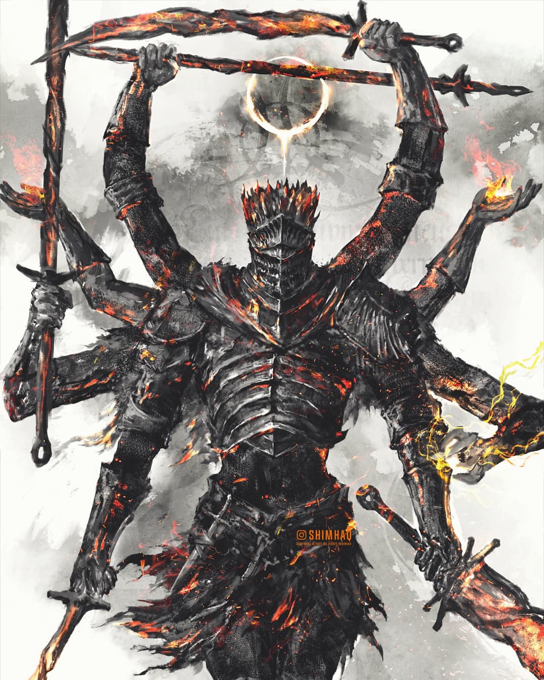 1other dark_souls_(series) embers extra_arms facing_viewer fire helmet highres holding holding_sword holding_weapon multiple_wielding scimitar shimhaq solo soul_of_cinder sword weapon