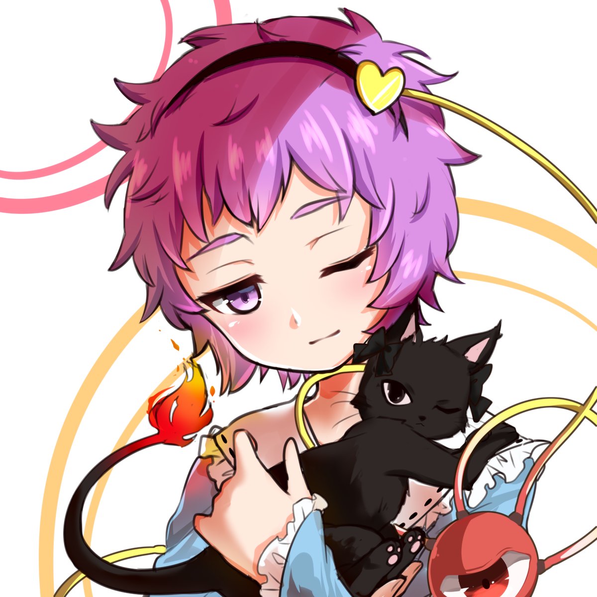 1girl animal black_bow black_cat blue_shirt bow cat fiery_hair fire highres holding holding_animal holding_cat hug jitome kaenbyou_rin kaenbyou_rin_(cat) kitten komeiji_satori nekomata one-hour_drawing_challenge one_eye_closed pink_eyes pink_hair purple_hair red_eyes shirt short_hair simple_background take_no_ko_(4919400) third_eye touhou violet_eyes whiskers